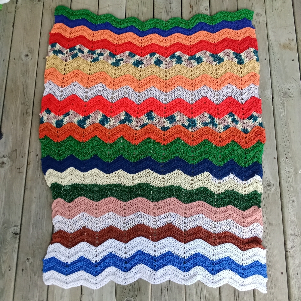 Handmade Crochet Afghan Throw Blanket Multi Colored Zig Zag Design